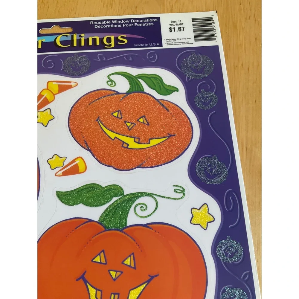 Vintage 2001 Classic Clings Halloween Glitter Window Decals Ghost Pumpkin 2 Pack